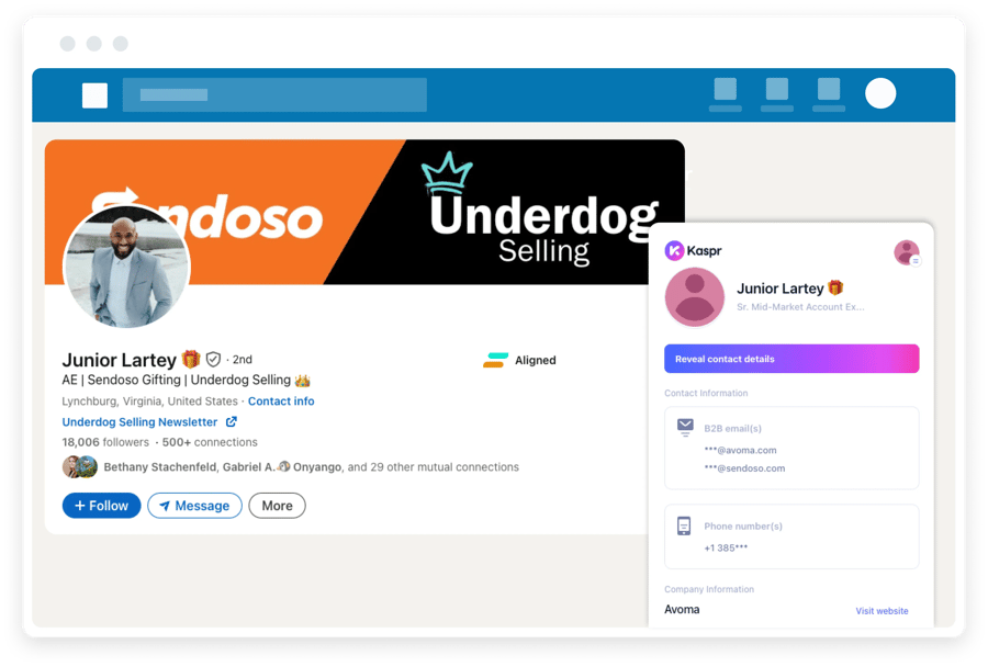 Screenshot of Kaspr working on Junior's LinkedIn profile to get contact details